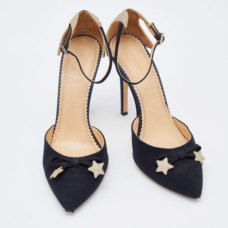 Pre Owned Charlotte Olympia Black/Gold Fabric and Leather Astrid Star Accent Ankle Strap Pumps Size 40