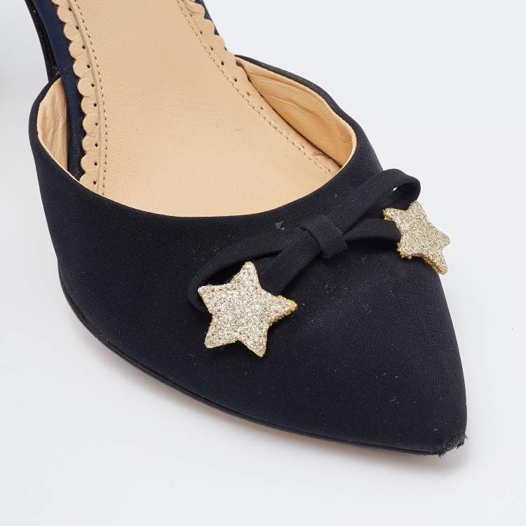 Pre Owned Charlotte Olympia Black/Gold Fabric and Leather Astrid Star Accent Ankle Strap Pumps Size 40