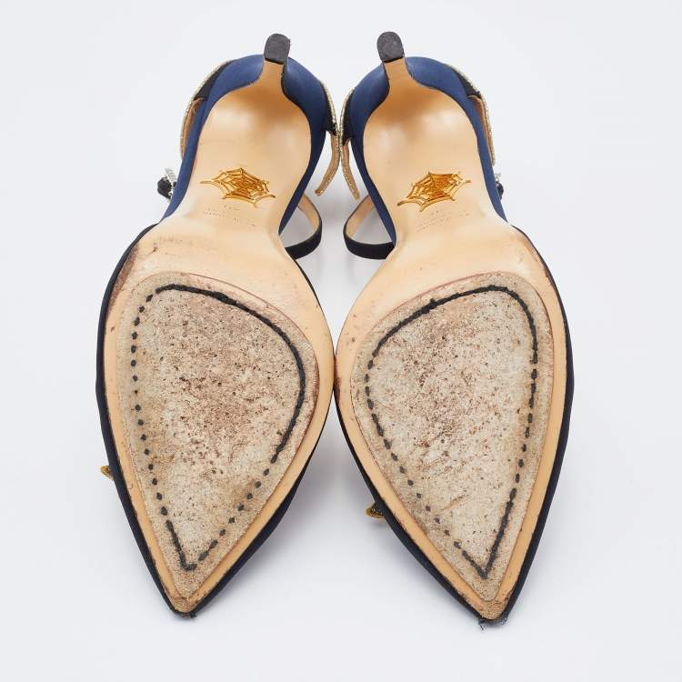 Pre Owned Charlotte Olympia Black/Gold Fabric and Leather Astrid Star Accent Ankle Strap Pumps Size 40