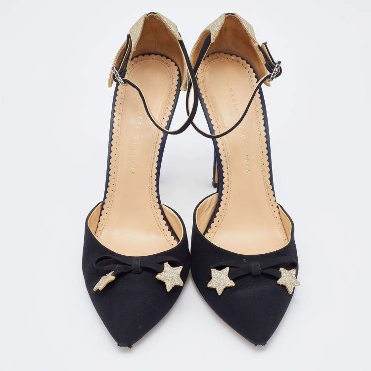 Pre Owned Charlotte Olympia Black/Gold Fabric and Leather Astrid Star Accent Ankle Strap Pumps Size 40