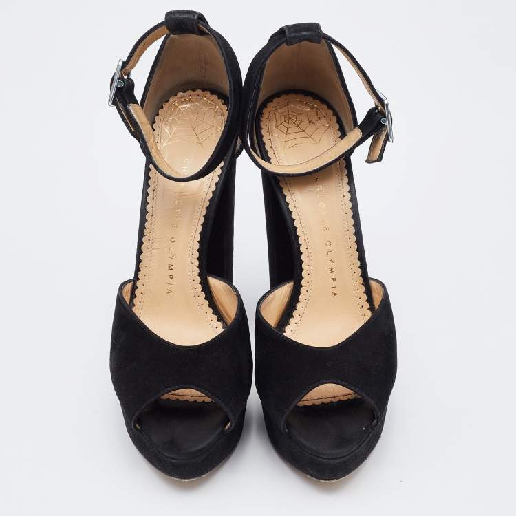 Pre Owned Charlotte Olympia Black Suede Platform Ankle Strap Pumps Size 37.5