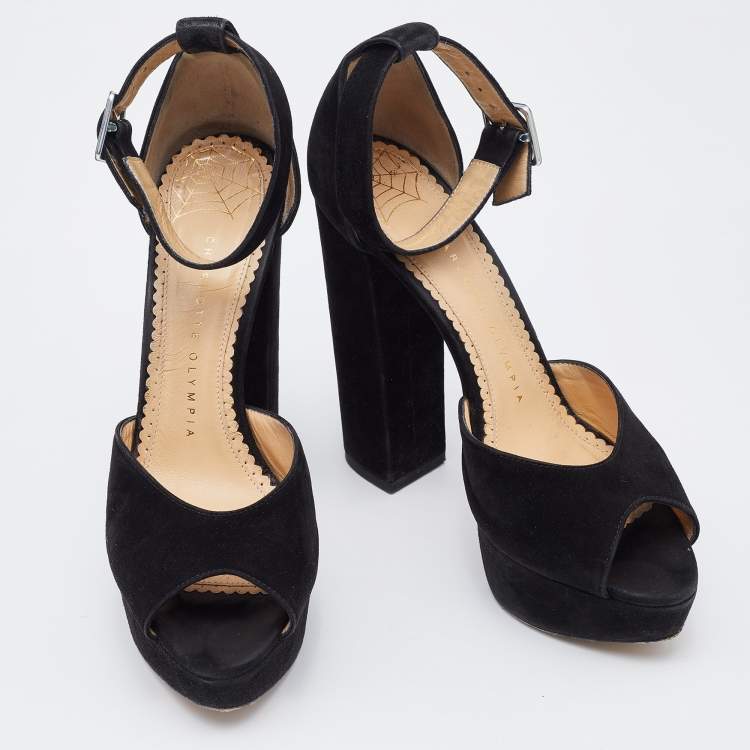 Pre Owned Charlotte Olympia Black Suede Platform Ankle Strap Pumps Size 37.5
