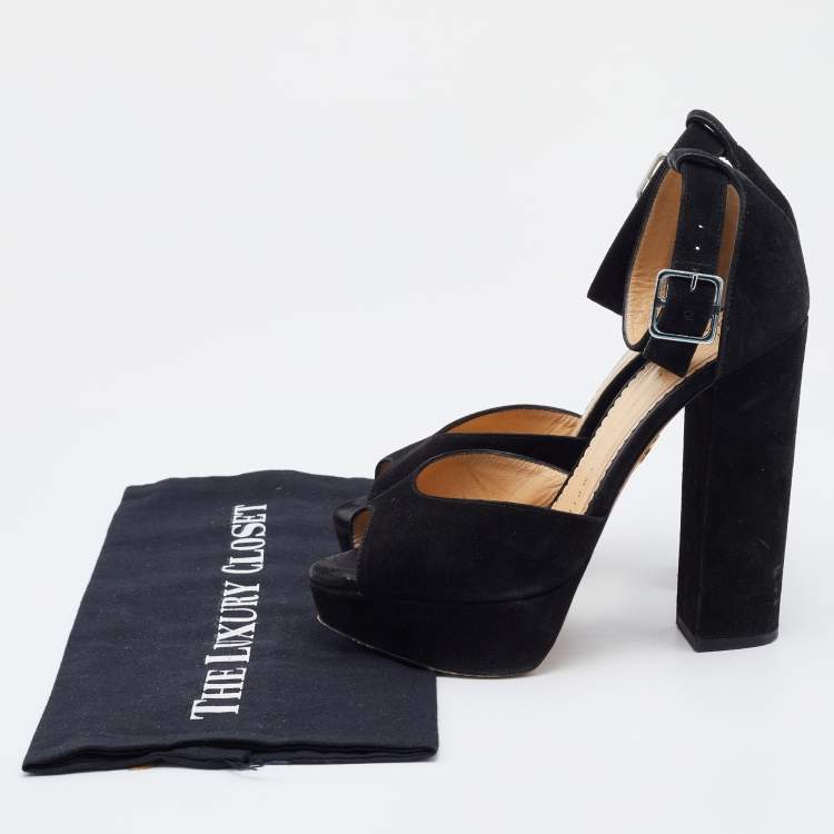 Pre Owned Charlotte Olympia Black Suede Platform Ankle Strap Pumps Size 37.5