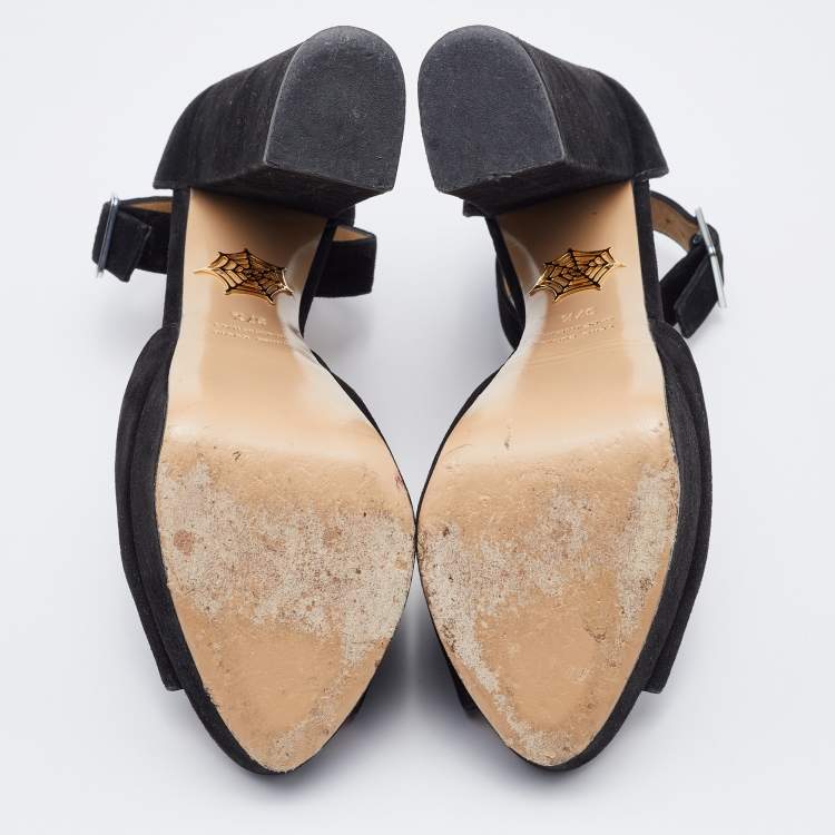 Pre Owned Charlotte Olympia Black Suede Platform Ankle Strap Pumps Size 37.5