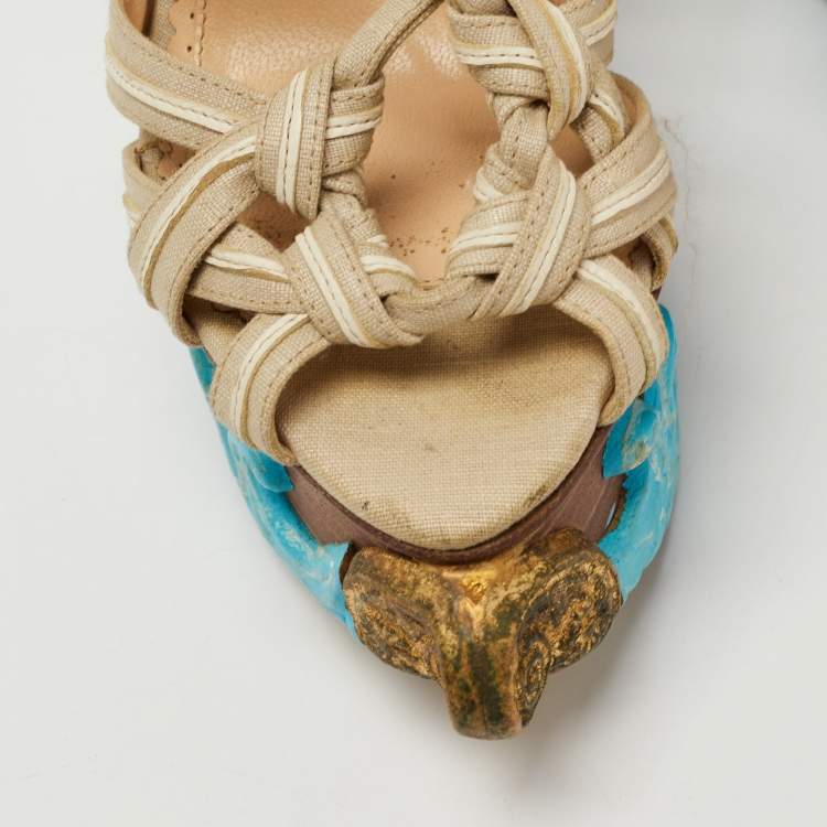 مملوكة مسبقًا Charlotte Olympia Beige Canvas and Leather Maiden Voyage Platform Wedge Sandals Size 37
