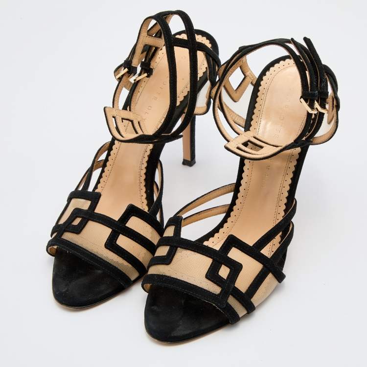 Pre Owned Charlotte Olympia Black Suede and Mesh Ankle Strap Sandals Size 39