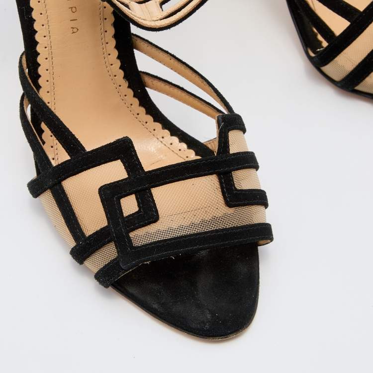 Pre Owned Charlotte Olympia Black Suede and Mesh Ankle Strap Sandals Size 39