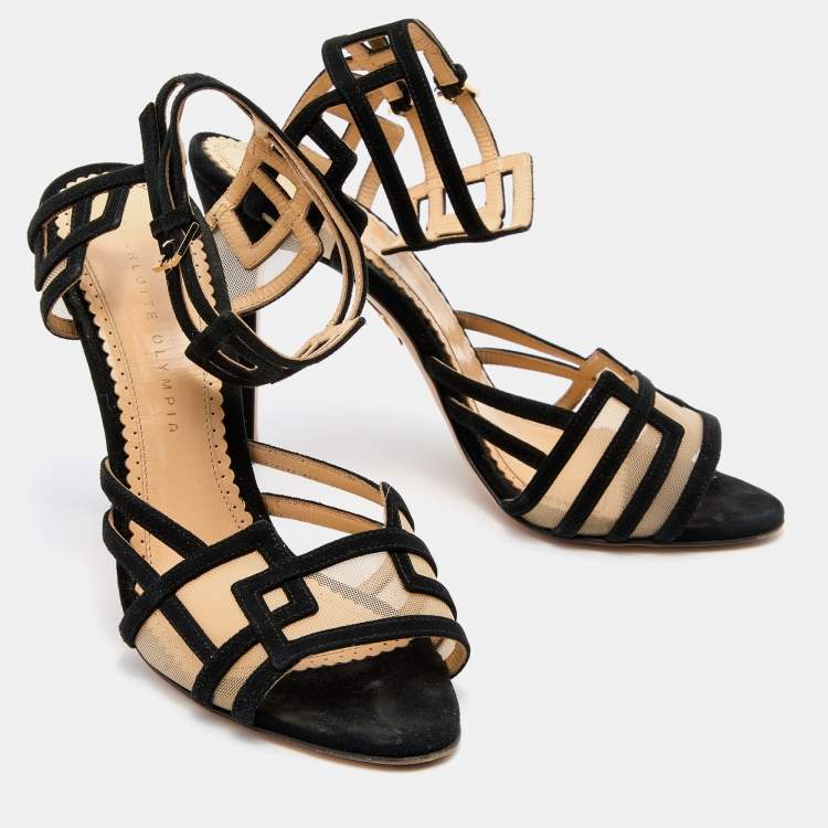 Pre Owned Charlotte Olympia Black Suede and Mesh Ankle Strap Sandals Size 39