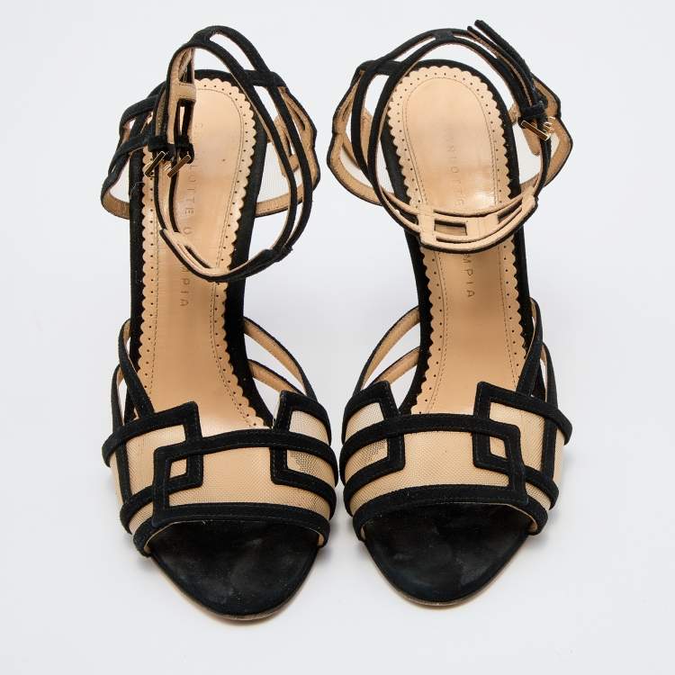 Pre Owned Charlotte Olympia Black Suede and Mesh Ankle Strap Sandals Size 39