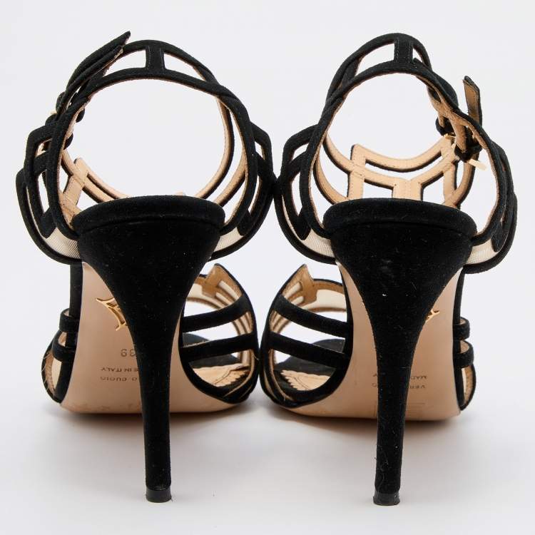 Pre Owned Charlotte Olympia Black Suede and Mesh Ankle Strap Sandals Size 39