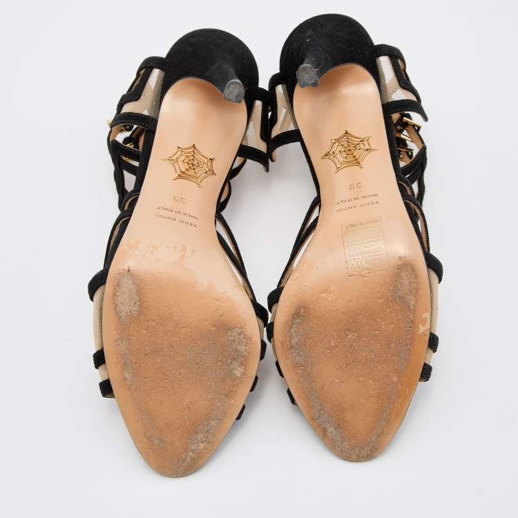 Pre Owned Charlotte Olympia Black Suede and Mesh Ankle Strap Sandals Size 39