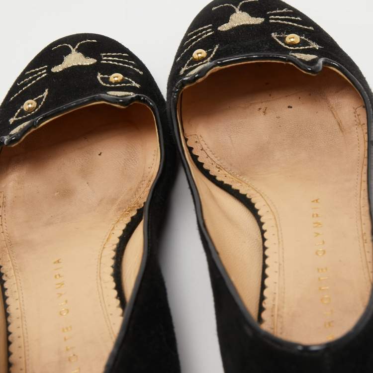مملوكة مسبقًا Charlotte Olympia Black Suede Kitty Ballet Flats Size 35