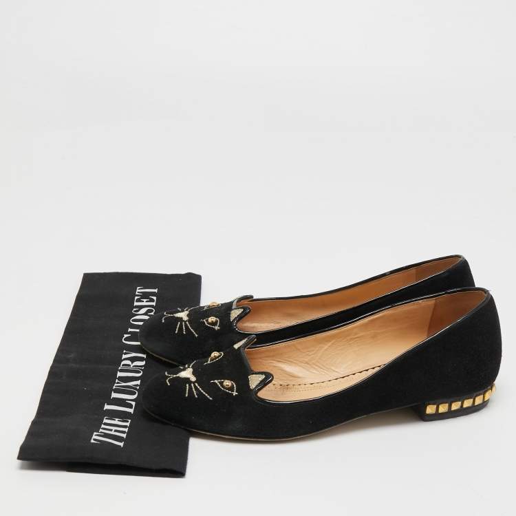 مملوكة مسبقًا Charlotte Olympia Black Suede Kitty Ballet Flats Size 35