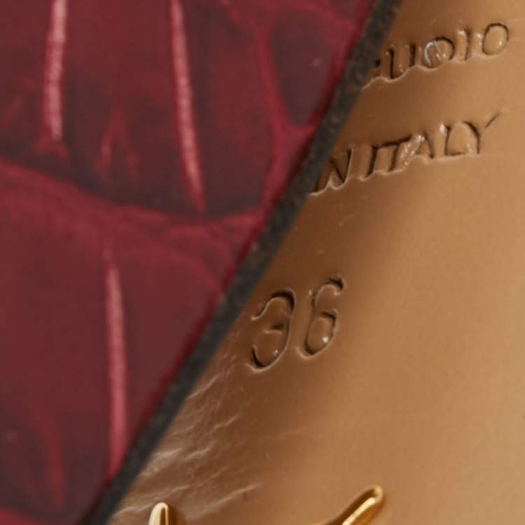Pre Owned Charlotte Olympia Burgundy Croc Embossed Leather and Suede Ankle Strap Sandals Size 36