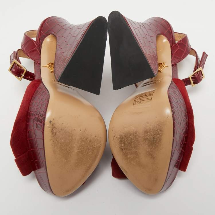 Pre Owned Charlotte Olympia Burgundy Croc Embossed Leather and Suede Ankle Strap Sandals Size 36