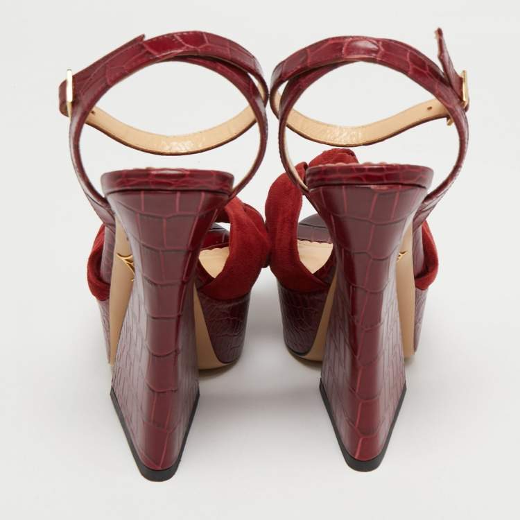Pre Owned Charlotte Olympia Burgundy Croc Embossed Leather and Suede Ankle Strap Sandals Size 36