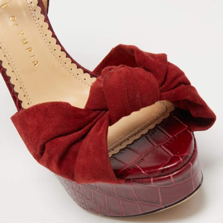 Pre Owned Charlotte Olympia Burgundy Croc Embossed Leather and Suede Ankle Strap Sandals Size 36
