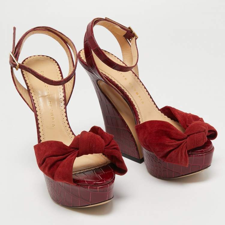 Pre Owned Charlotte Olympia Burgundy Croc Embossed Leather and Suede Ankle Strap Sandals Size 36