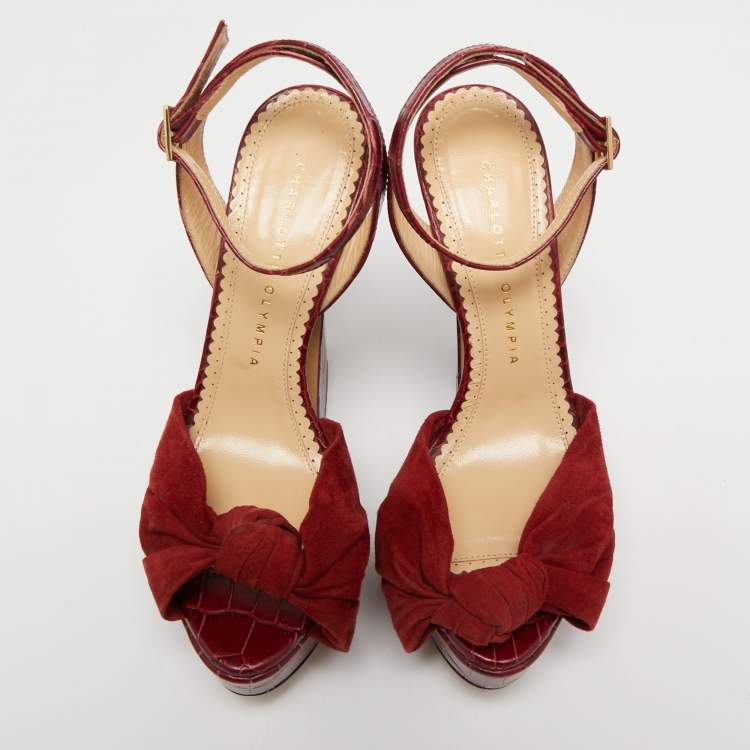 Pre Owned Charlotte Olympia Burgundy Croc Embossed Leather and Suede Ankle Strap Sandals Size 36