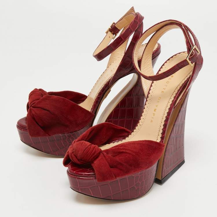Pre Owned Charlotte Olympia Burgundy Croc Embossed Leather and Suede Ankle Strap Sandals Size 36