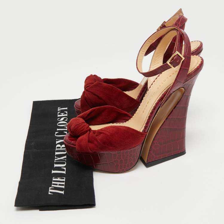 Pre Owned Charlotte Olympia Burgundy Croc Embossed Leather and Suede Ankle Strap Sandals Size 36