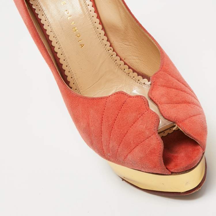 Pre Owned Charlotte Olympia Coral Pink Suede Peep Toe Platform Pumps Size 41