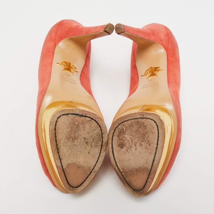 Pre Owned Charlotte Olympia Coral Pink Suede Peep Toe Platform Pumps Size 41