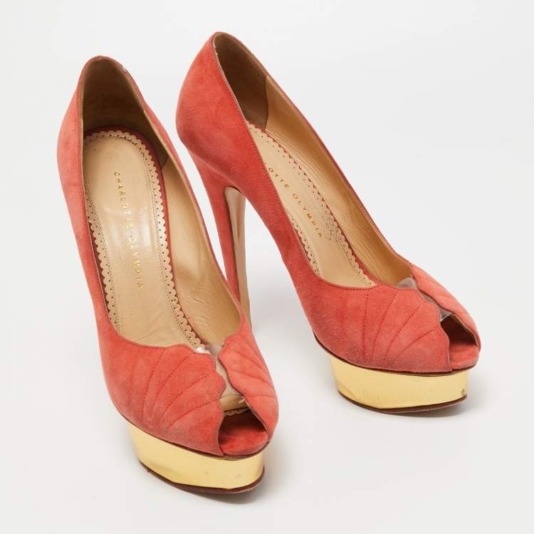Pre Owned Charlotte Olympia Coral Pink Suede Peep Toe Platform Pumps Size 41