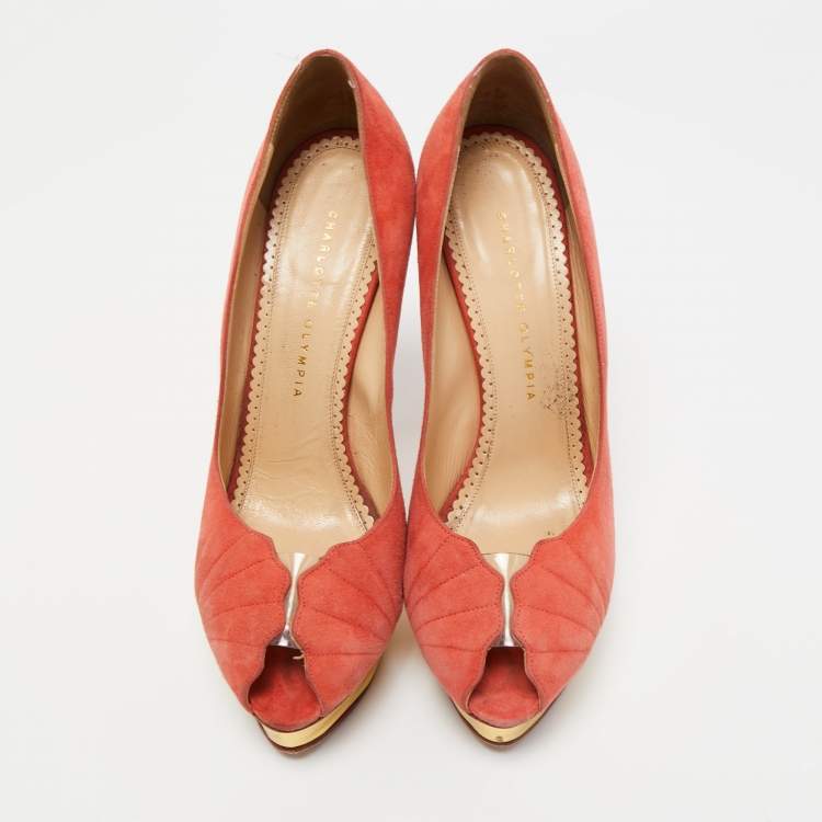 Pre Owned Charlotte Olympia Coral Pink Suede Peep Toe Platform Pumps Size 41