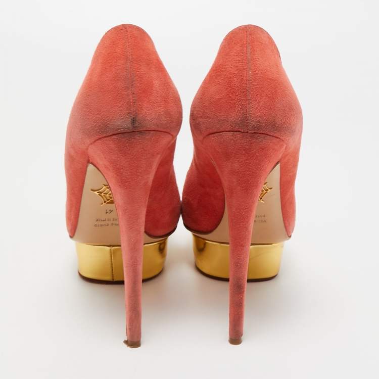 Pre Owned Charlotte Olympia Coral Pink Suede Peep Toe Platform Pumps Size 41
