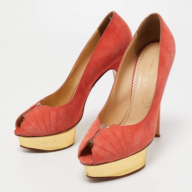Pre Owned Charlotte Olympia Coral Pink Suede Peep Toe Platform Pumps Size 41