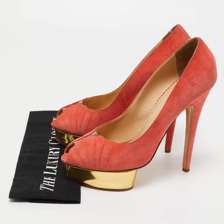 Pre Owned Charlotte Olympia Coral Pink Suede Peep Toe Platform Pumps Size 41
