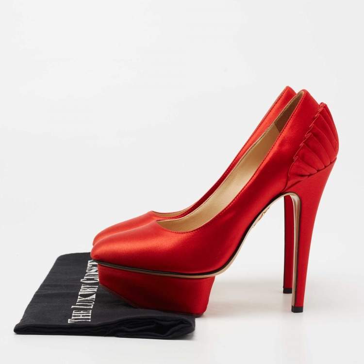 Pre Owned Charlotte Olympia Red Satin Paloma Fan Pleat Pumps Size 35.5
