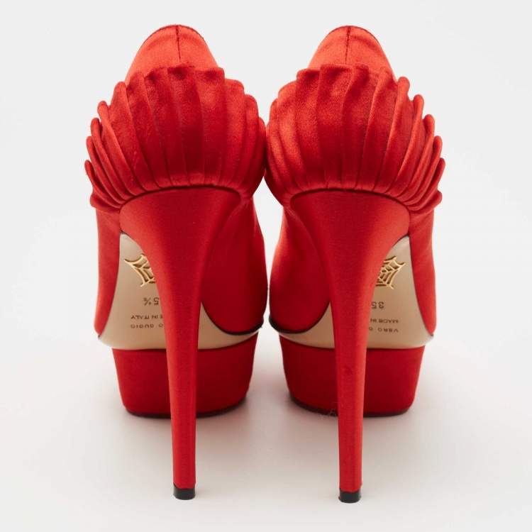 Pre Owned Charlotte Olympia Red Satin Paloma Fan Pleat Pumps Size 35.5