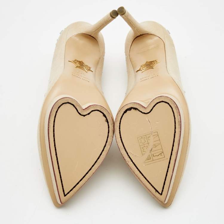 Pre Owned Charlotte Olympia Beige Canvas Crystal Embellished Pumps Size 37.5