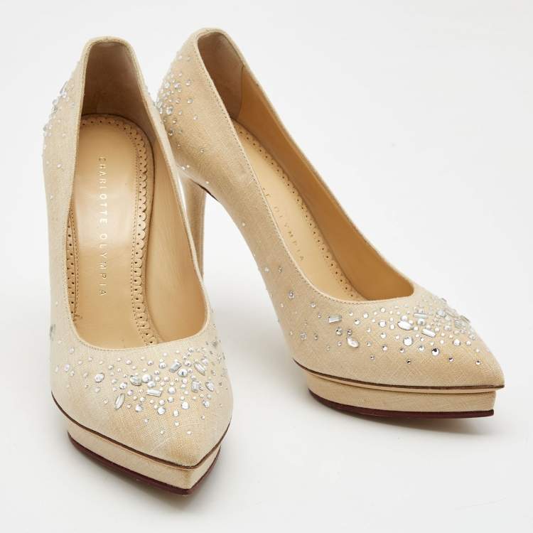 Pre Owned Charlotte Olympia Beige Canvas Crystal Embellished Pumps Size 37.5