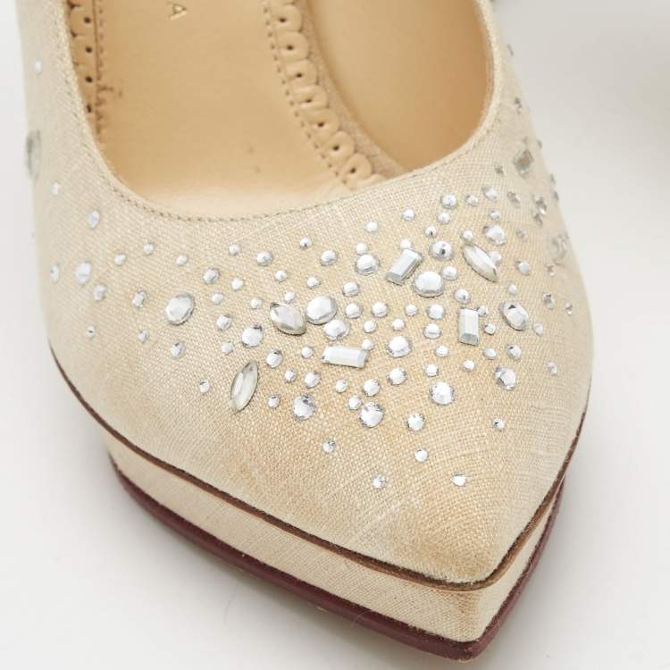 Pre Owned Charlotte Olympia Beige Canvas Crystal Embellished Pumps Size 37.5