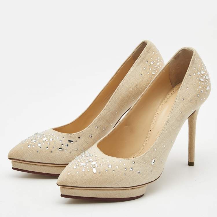 Pre Owned Charlotte Olympia Beige Canvas Crystal Embellished Pumps Size 37.5