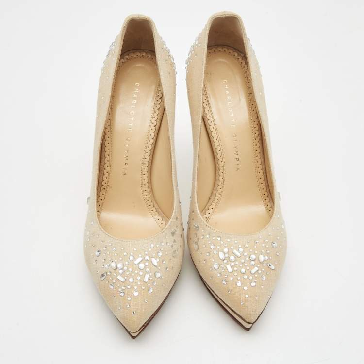 Pre Owned Charlotte Olympia Beige Canvas Crystal Embellished Pumps Size 37.5