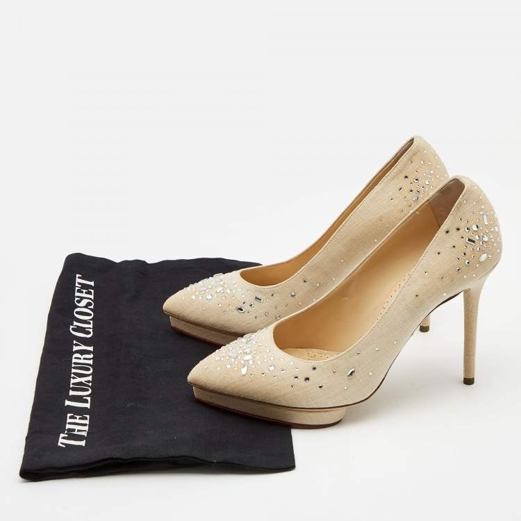 Pre Owned Charlotte Olympia Beige Canvas Crystal Embellished Pumps Size 37.5