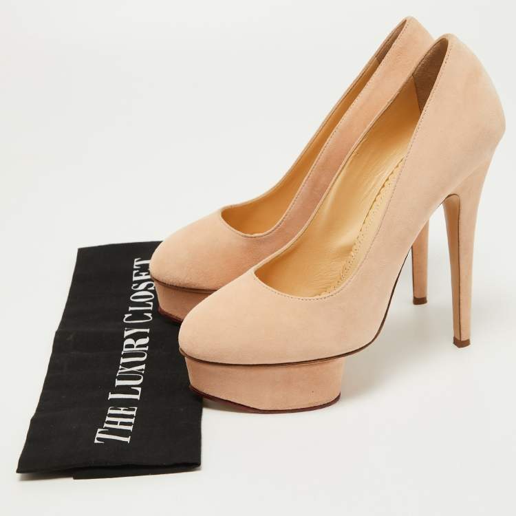 Pre Owned Charlotte Olympia Beige Suede Platform Pumps Size 37.5