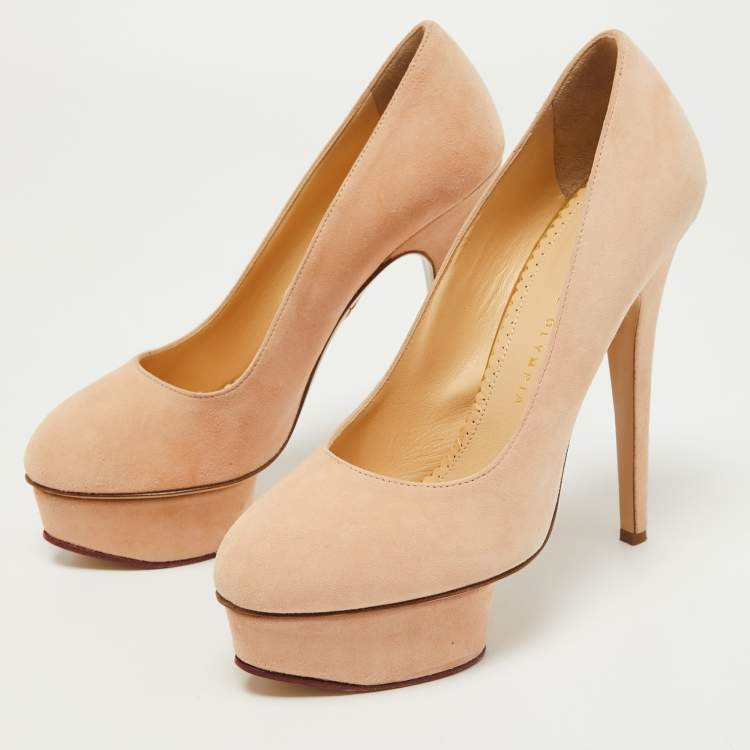 Pre Owned Charlotte Olympia Beige Suede Platform Pumps Size 37.5
