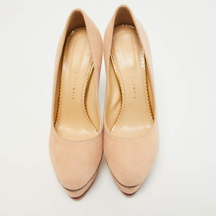 Pre Owned Charlotte Olympia Beige Suede Platform Pumps Size 37.5
