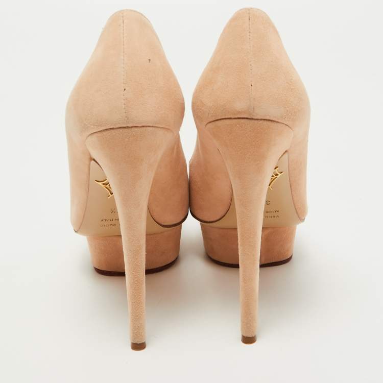 Pre Owned Charlotte Olympia Beige Suede Platform Pumps Size 37.5