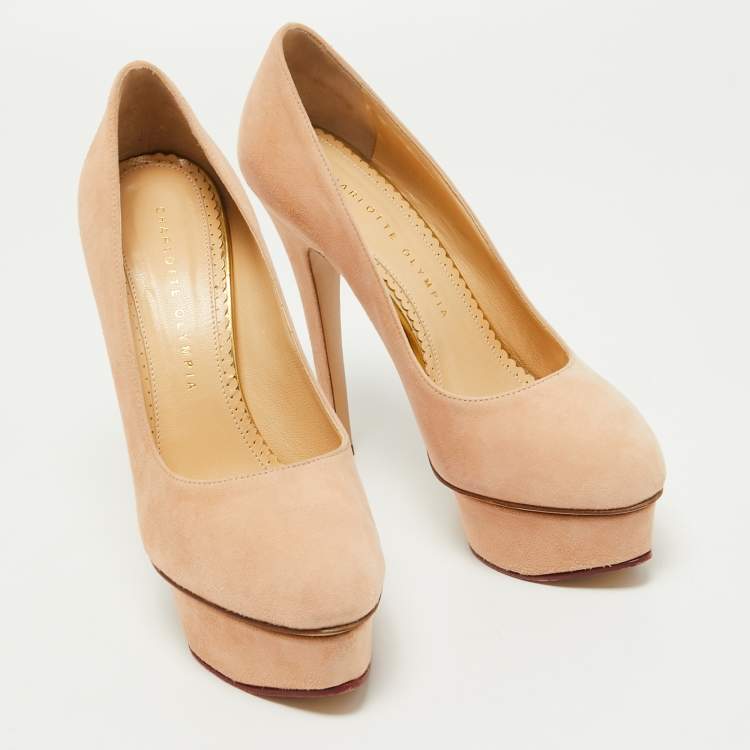 Pre Owned Charlotte Olympia Beige Suede Platform Pumps Size 37.5