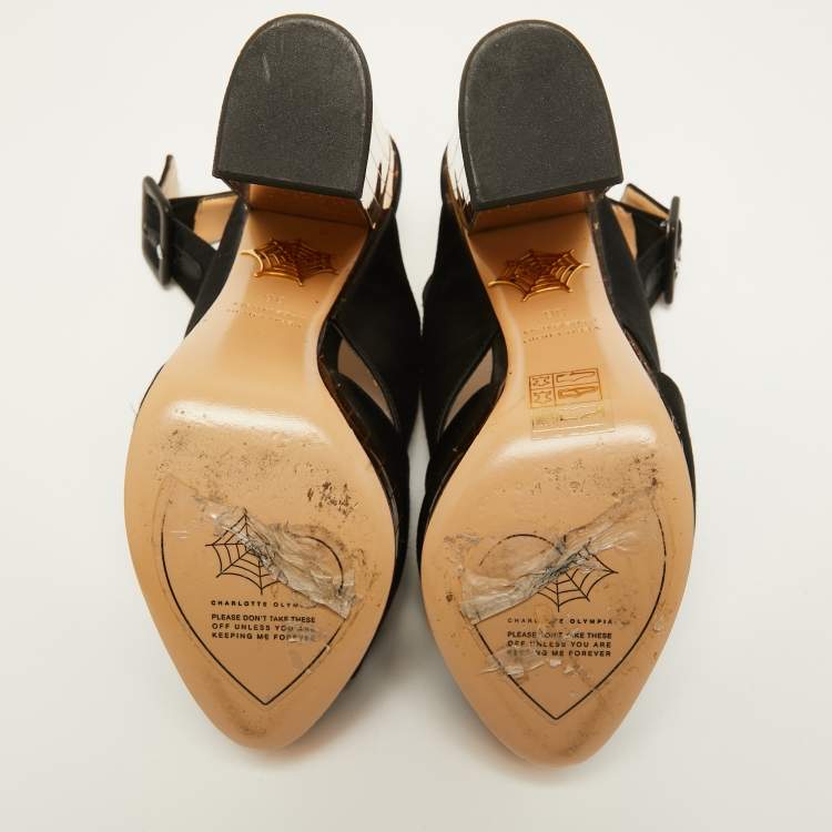 مملوكة مسبقًا Charlotte Olympia Black Satin Wedge Ankle Strap Sandals Size 36 