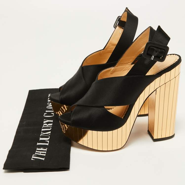 مملوكة مسبقًا Charlotte Olympia Black Satin Wedge Ankle Strap Sandals Size 36 