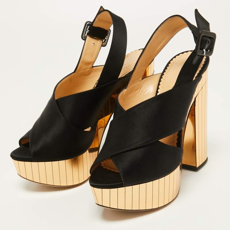 مملوكة مسبقًا Charlotte Olympia Black Satin Wedge Ankle Strap Sandals Size 36 