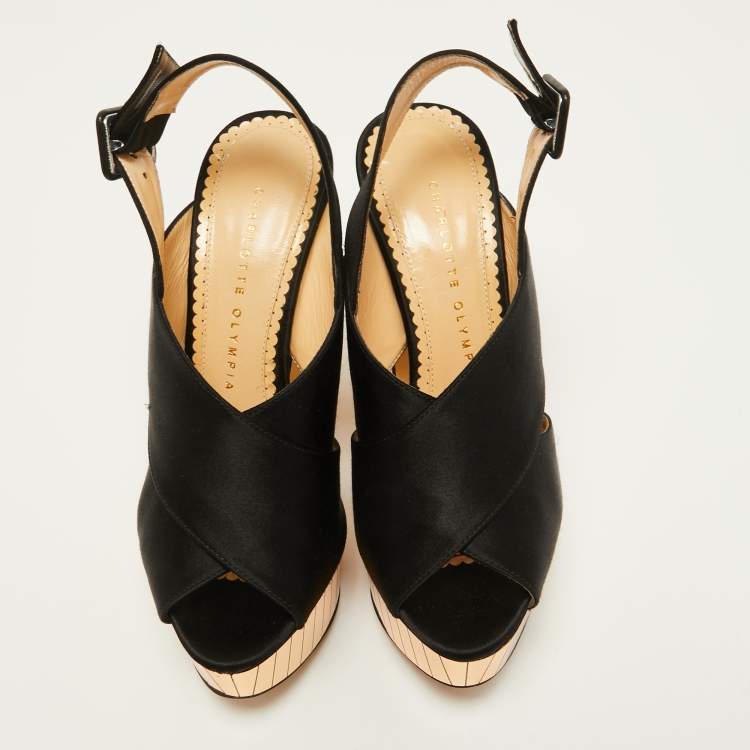 مملوكة مسبقًا Charlotte Olympia Black Satin Wedge Ankle Strap Sandals Size 36 