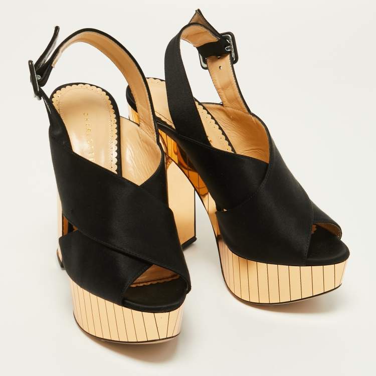 مملوكة مسبقًا Charlotte Olympia Black Satin Wedge Ankle Strap Sandals Size 36 